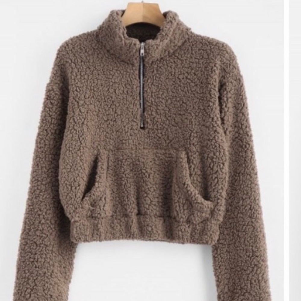 Zaful Half Quarter Zip Brown Teddy Sweatshirt